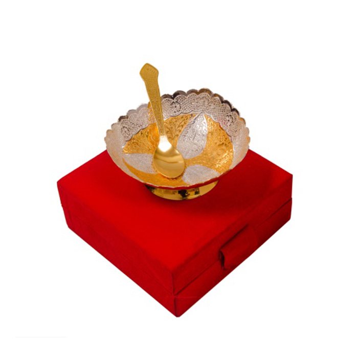 Handi craft Decorative Brass Bowl with Circular Leave carving with Spoon ( 4 Inch Diameter)