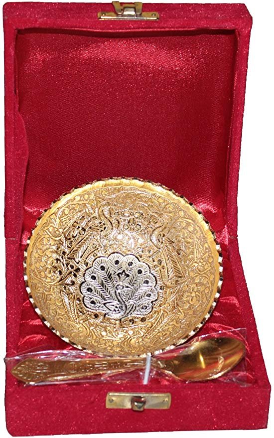 Handi craft Decorative Brass Peacock Circular Bowl with Spoon (4 Inch Diameter)